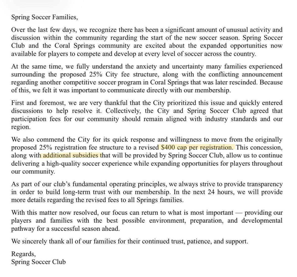 A screenshot of a message shared with Springs Soccer Club families — with highlights added by the Coral Springs News — indicates that city fees will be capped at $400 per player.