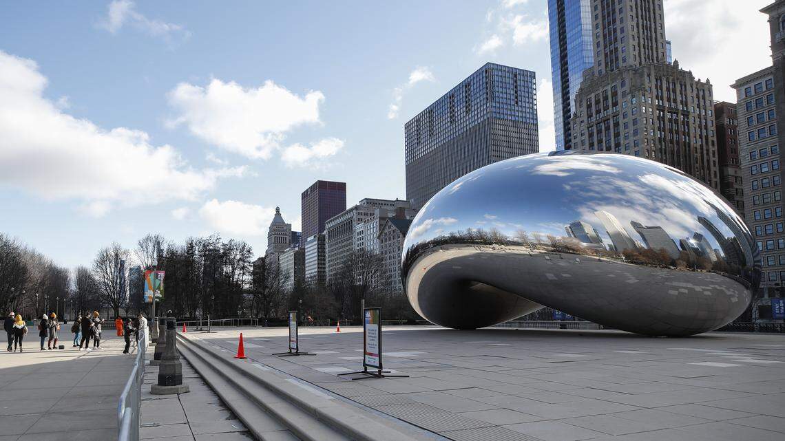 Photo of the Cloud Gate statue, known as the “Bean”, in Millennium Park in Chicago, Illinois.