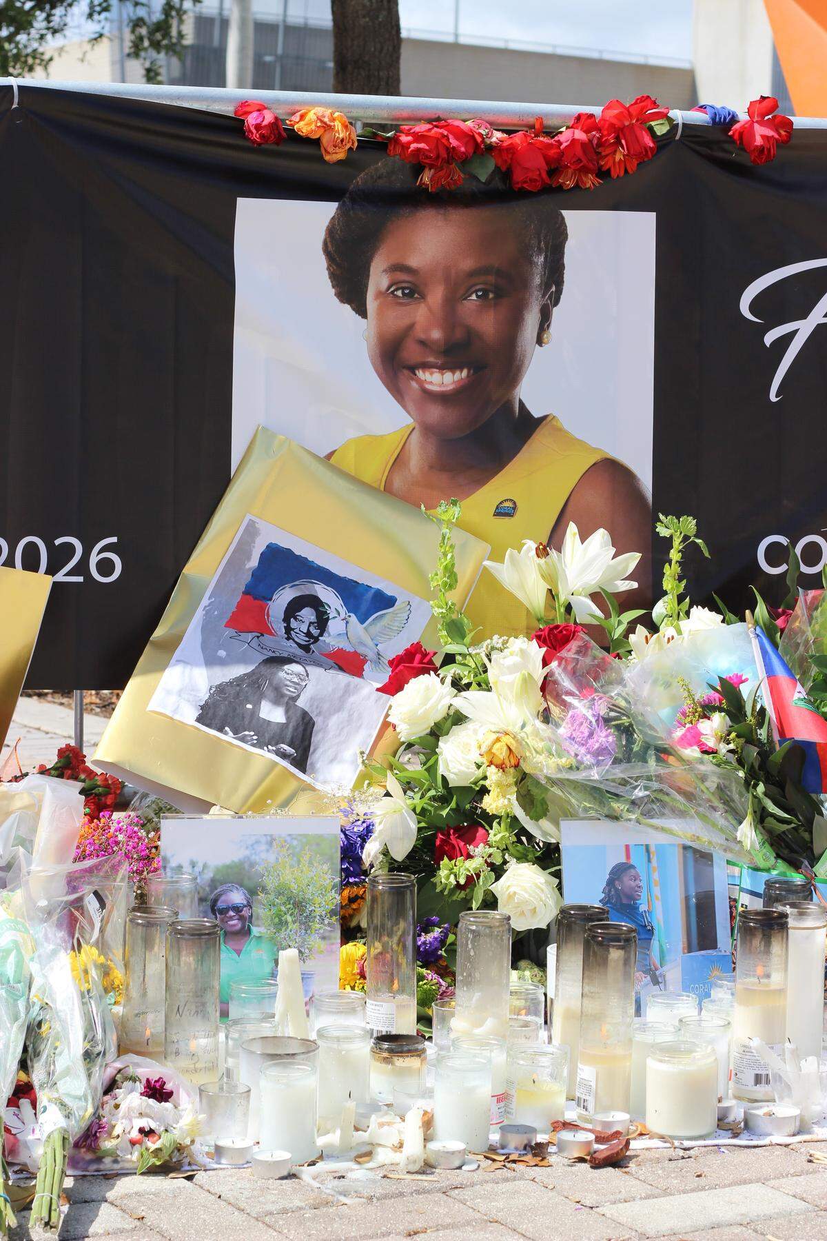 A memorial to Coral Springs vice mayor Nancy Metayer, a rising political star who was allegedly murdered by her husband in the early hours of April 1, 2026, stands in front of City Hall on April 6, 2026.