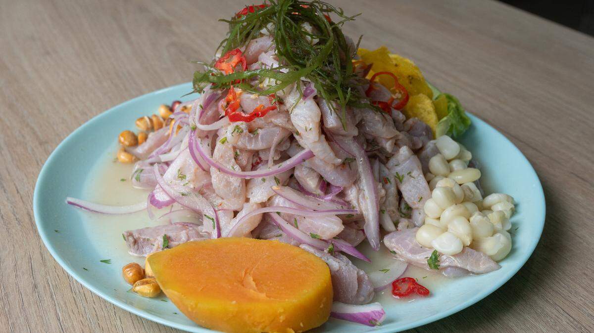 View of a traditional sea bass ceviche dish cooked by Peruvian Chef Roberto Madrid.