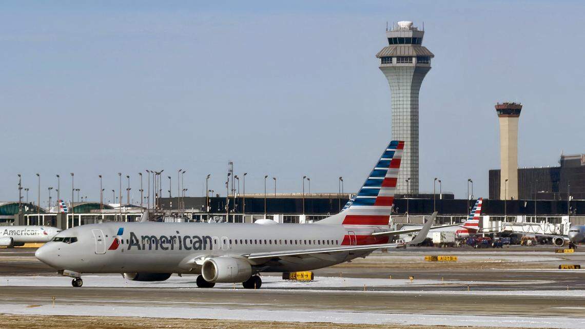 An American Airlines plane taxis at Chicago O’Hare International Airport.