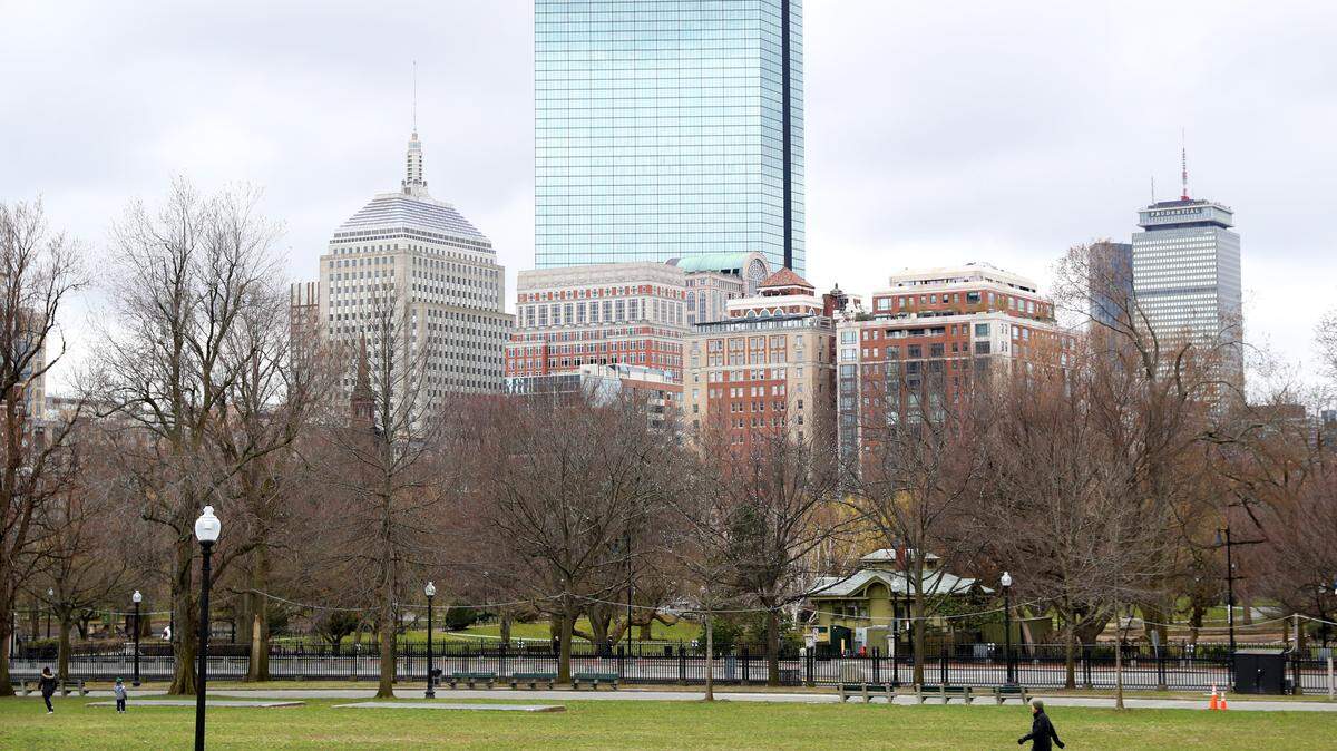 A woman walks through the Boston Common with buildings in the background