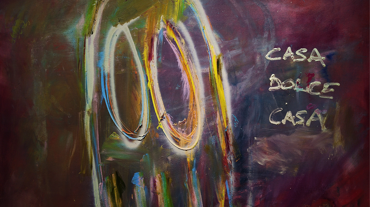 Oil painting by Tommy Fattovich with “casa dolce casa” and a ghost shaped creature
