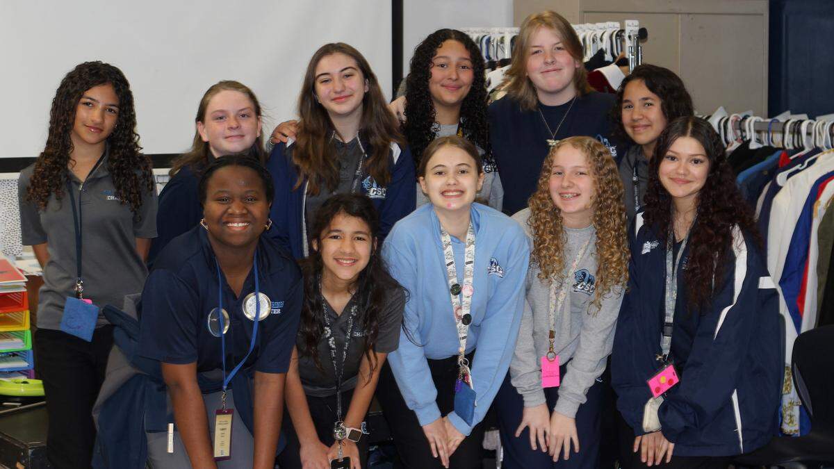 Students in Coral Springs Charter School’s theater program pose for a photo on March 26. Top row, from left: Jasmine Jones, Gavin Sullivan, MaKenzie Eckerty, Giuliana Cinque, Paisley Byrne and Emma Sillie. Bottom row, from left: Dorinda Daniel, Melanie Villarroel, Abby K., Addison Plaksin and Jailiana Muniz.
