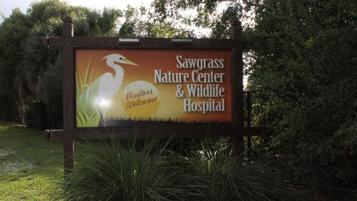A sign advertises the Sawgrass Nature Center and Wildlife Hospital on Sportsplex Drive, near the Florida Panthers IceDen and Sawgrass Springs Middle School.