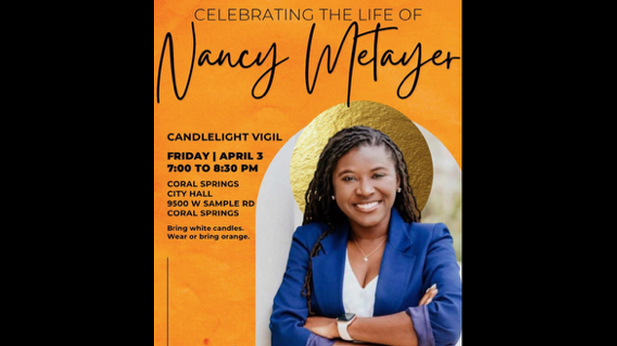 A candelight vigil celebrating the life of Coral Springs Vice Mayor Nancy Metayer Bowen will take place from 7 p.m. to 8:30 p.m. on Friday, April 3, at Coral Springs City Hall.