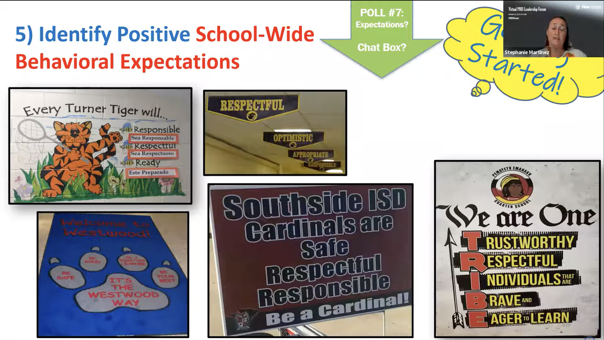 Slides from a PBIS conference in 2020 show examples of how Florida schools display expectations for students.