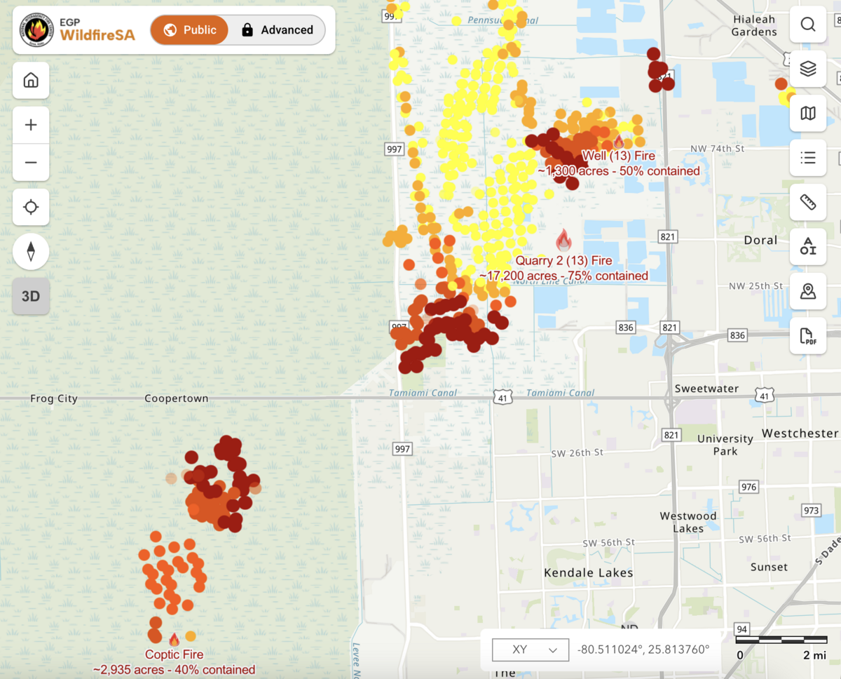 Fires continued to burn on June 19, though weather patterns and extensive efforts by first responders have improved air quality in the area. The darker a dot is on the map, the stronger the blaze is at that location.