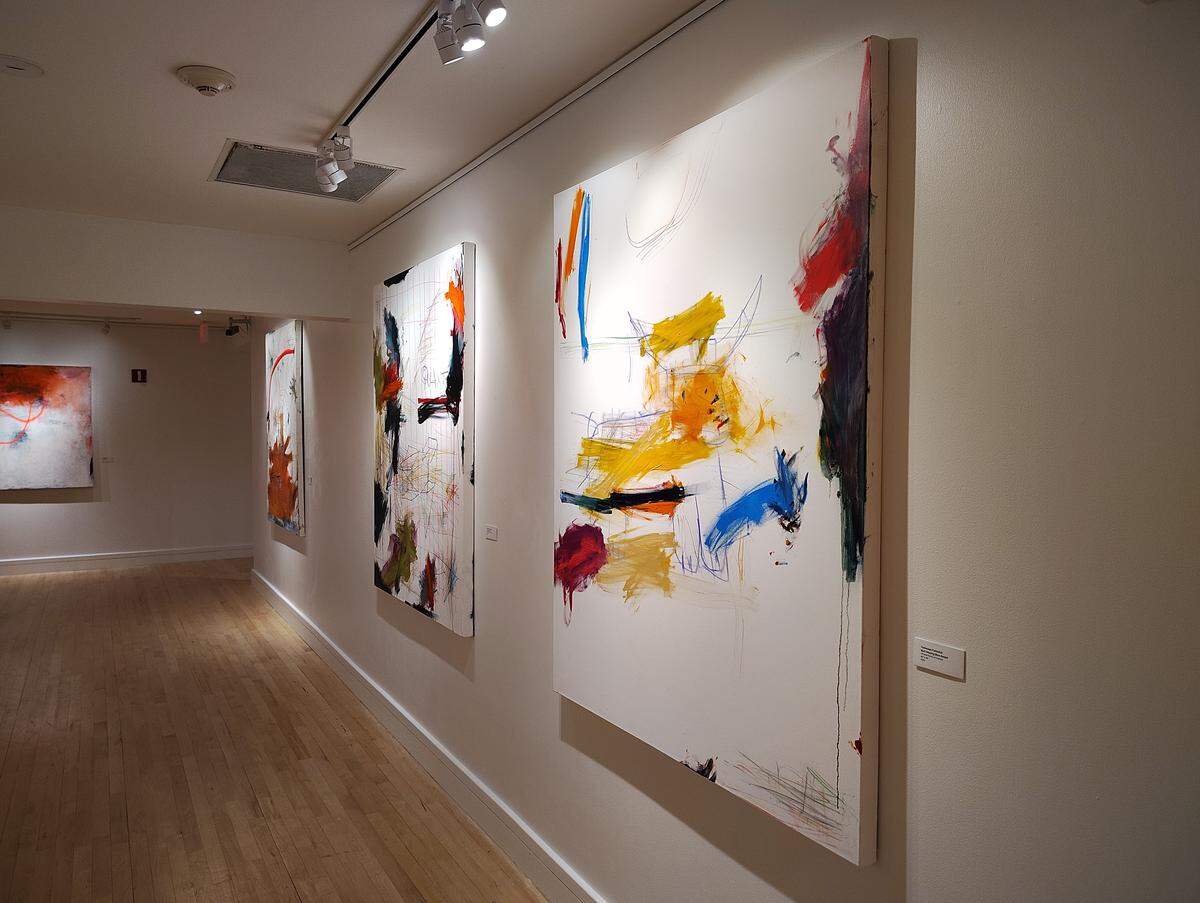 A series of paintings in Tommaso&nbsp;Fattovich’s current exhibition, including “Bull Chasing Blue Rabbit,” which uses childlike stick figures as well as the artist’s signature bright brushstrokes.