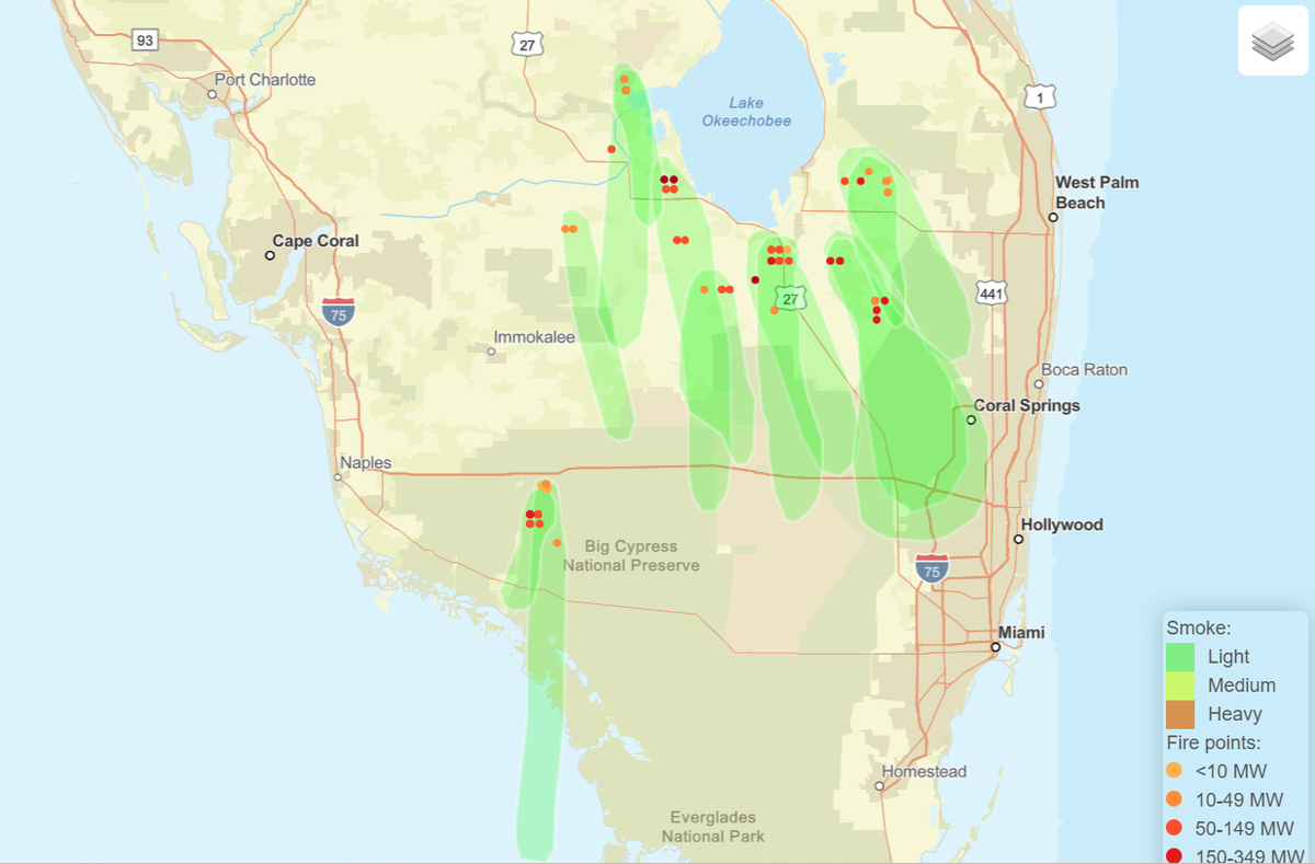 NOAA satellite imaging data shows smoke plumes drifting down south to Broward County with northwest winds.