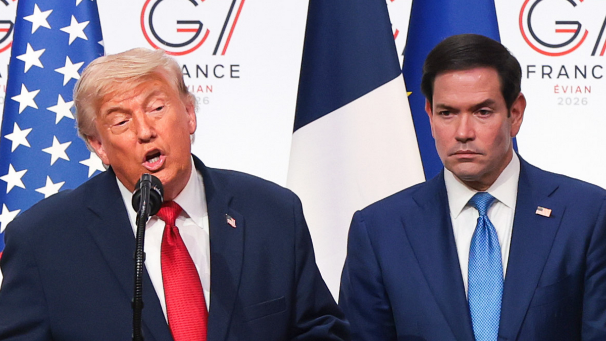 U.S. President Donald Trump, left, speaks at a press conference during the G7 Leaders’ Summit on June 17, 2026, in Evian, France. Secretary of State Marco Rubio stands to his right.