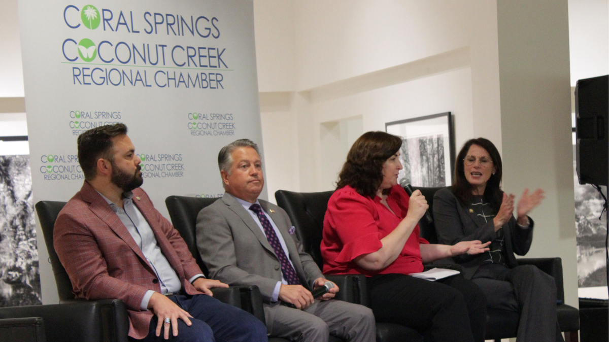 Elected officials Dan Daley, Chip LaMarca, Christine Hunschofsky and Tina Polsky share their opinions on the property tax ballot measure during a Coral Springs-Coconut Creek Chamber of Commerce luncheon on Thursday, June 4.