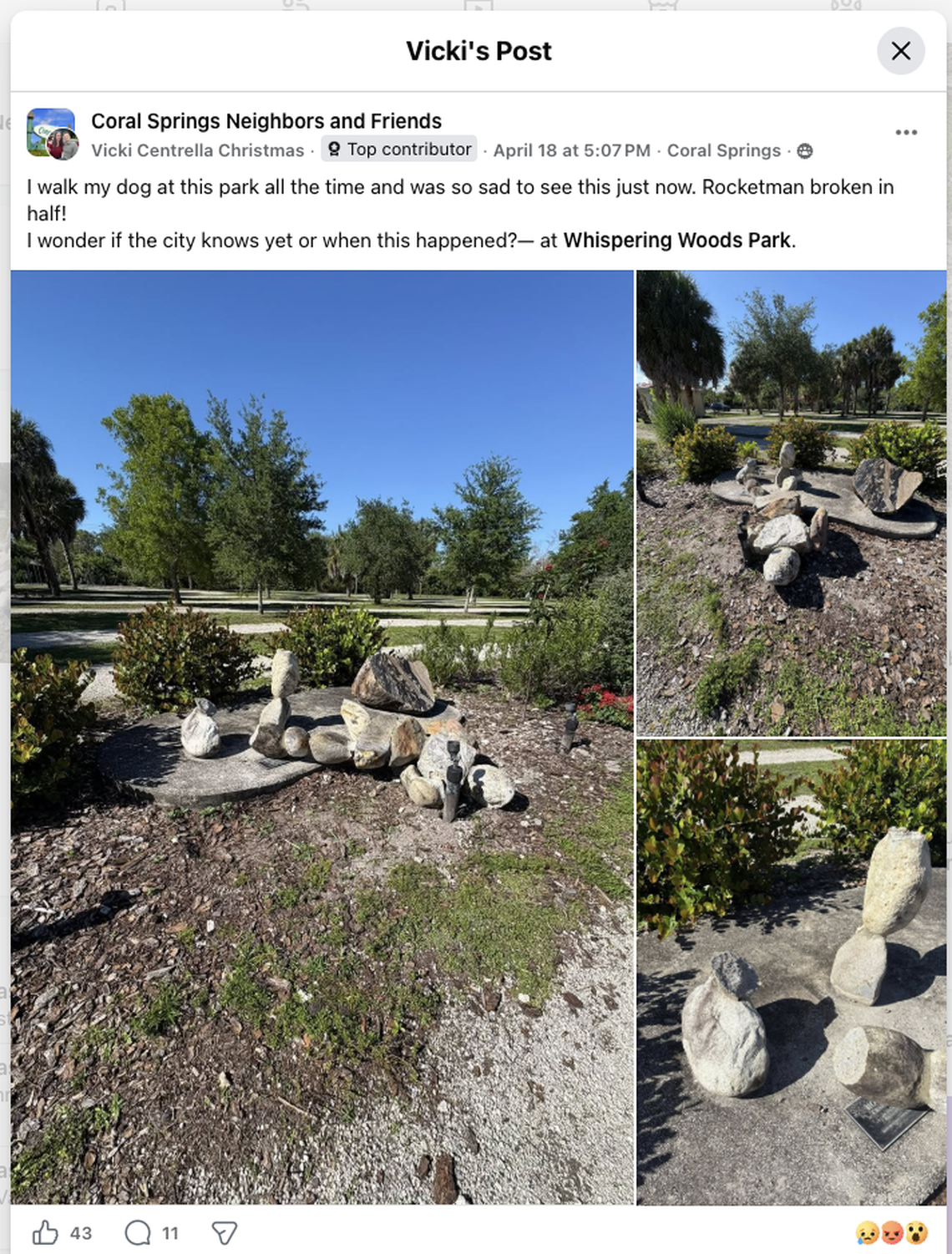 A screenshot of Vicki Centrella Christmas’ post about the severely damaged Rocket Man statue in Coral Springs’ Whispering Woods Park.