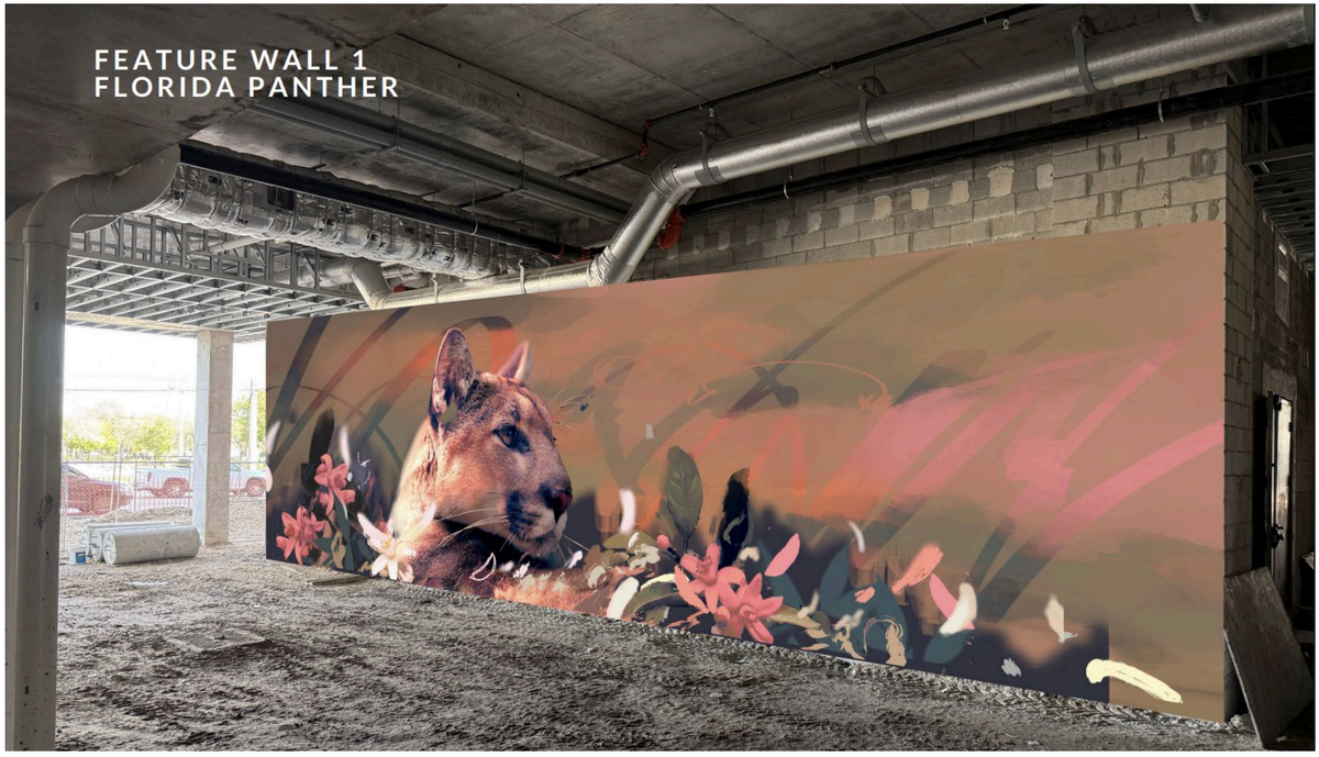 Miami-based artist Sonny Behan designed a set of three murals for the Cornerstone development. According to public documents, he chose the panther to symbolize rarity, strength and wild beauty.