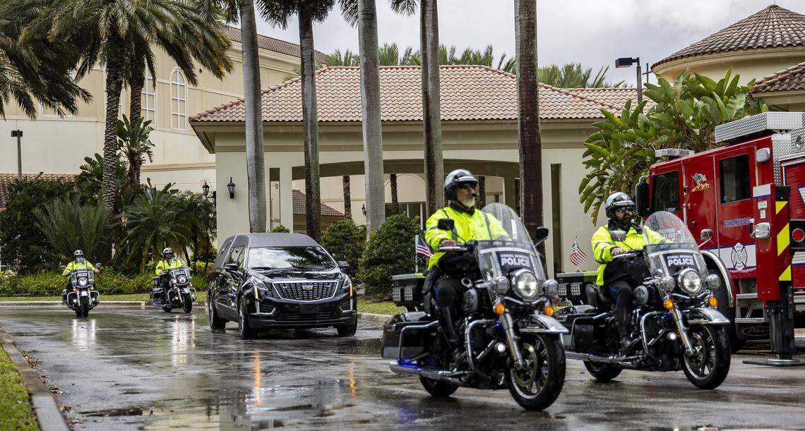 A hearse leaves the funeral service for Coral Springs Vice Mayor Nancy Metayer Bowen.