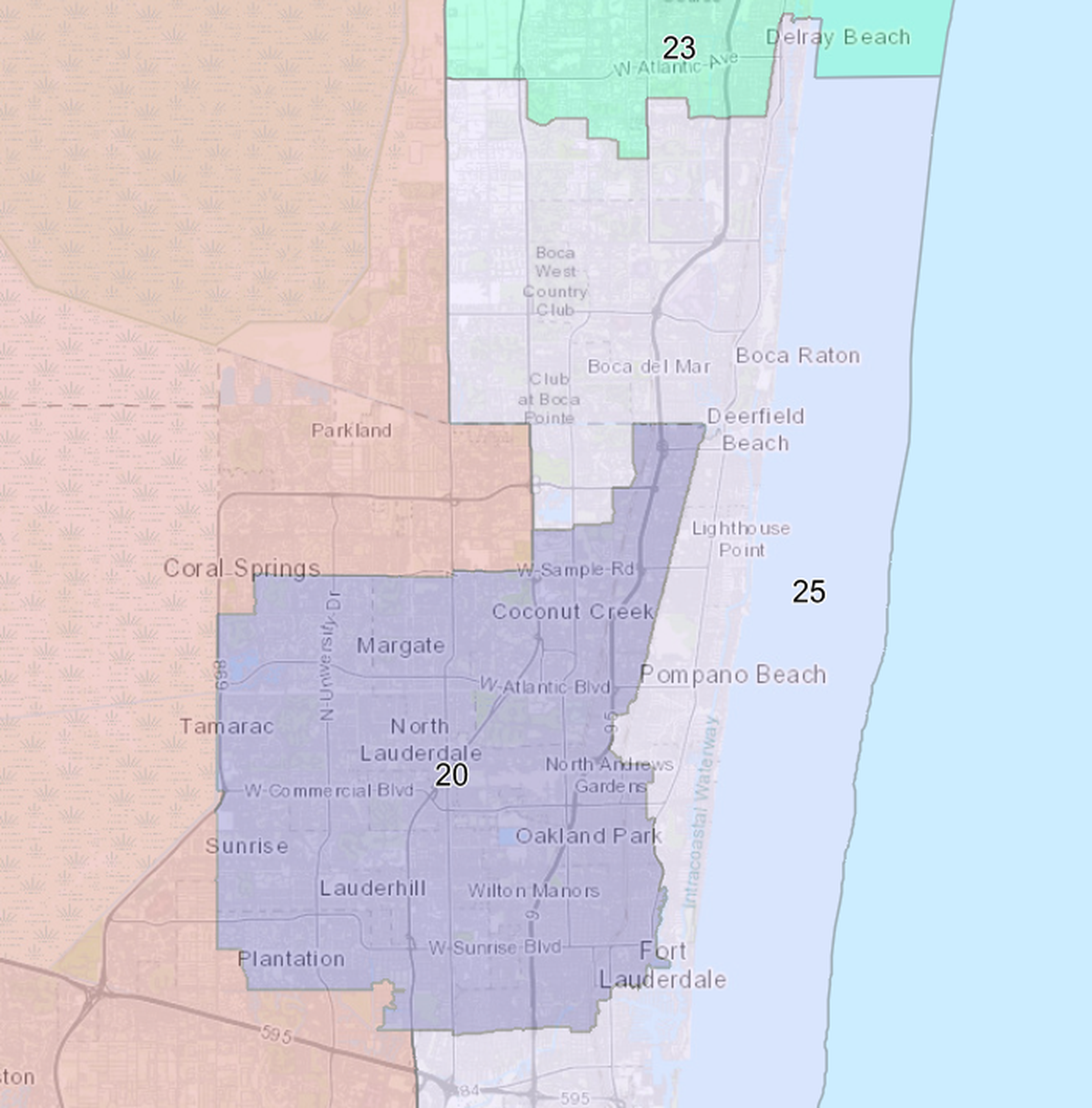 Coral Springs was split into District 20 and 22, while District 25 was shifted east to cover mostly coastal cities.