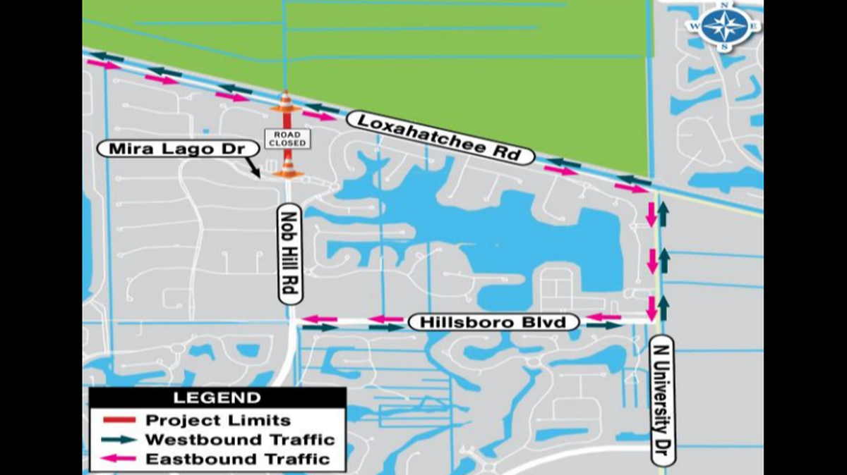 Nob Hill Road at Loxahatchee Road will be closed for about six weeks due to roundabout construction.