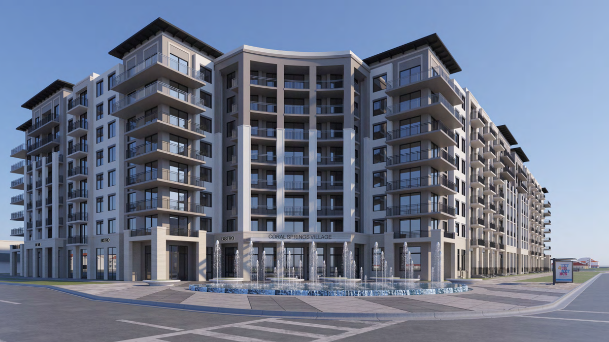 Renderings show the proposed eight-story, 377-unit apartment building with commercial space at the northeast corner of Sample and University.