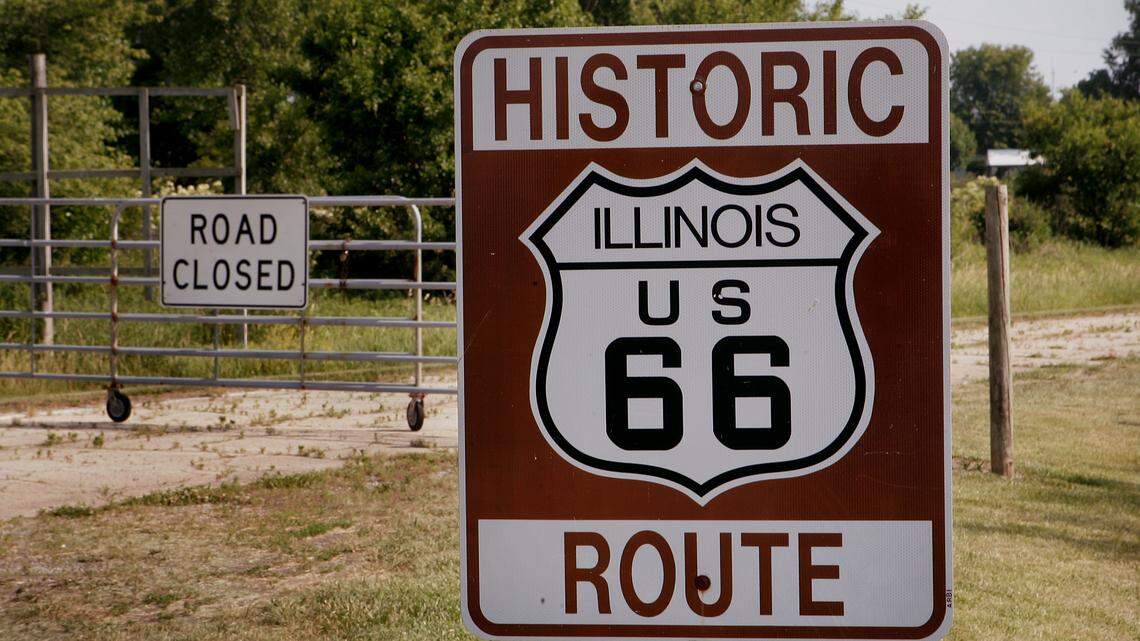 A sign marking historic U.S. Route 66 outside Lexington, Illinois.