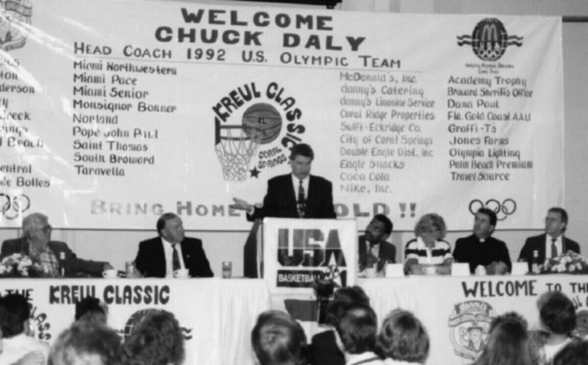 The Kreul Classic Basketball Tournament has called Coral Springs home since 1990. Here, 1992 Olympic basketball coach Chuck Daly gives a keynote address to the assembled players and volunteers.