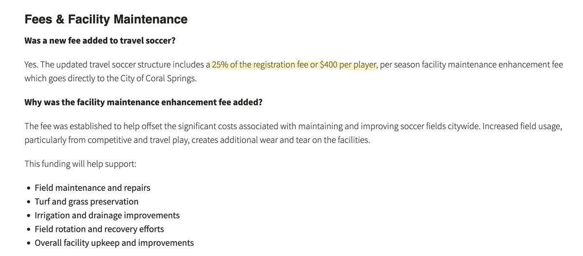 A screenshot of coralsprings.gov/soccer, taken on Thursday, May 14, explains the city’s new fees and what the funds are intended for. Highlights were added after the image was captured.