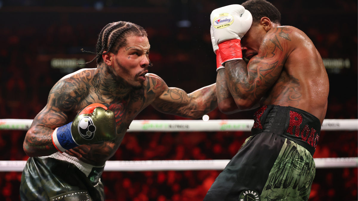 Gervonta Davis punches Lamont Roach Jr. during their bout for Davis’ WBA lightweight title at Barclays Center on March 01, 2025 in New York City.