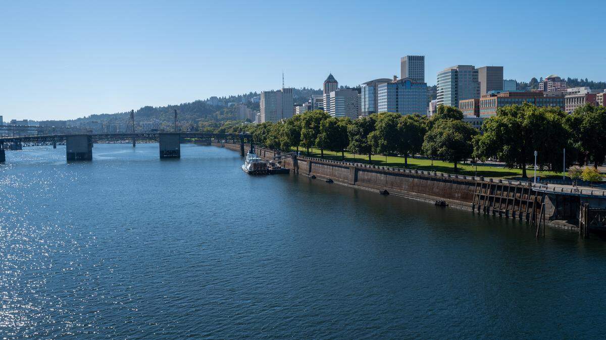 A view from the water of the downtown section of Portland, Oregon.