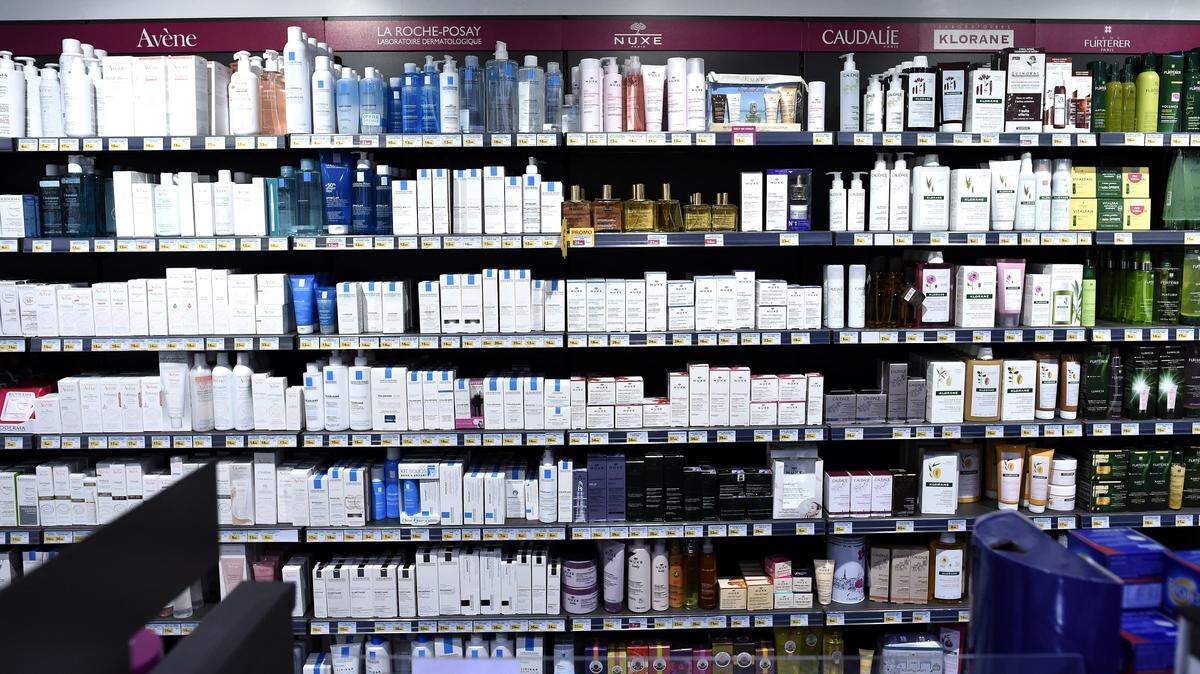 Cosmetics displayed at a pharmacy.