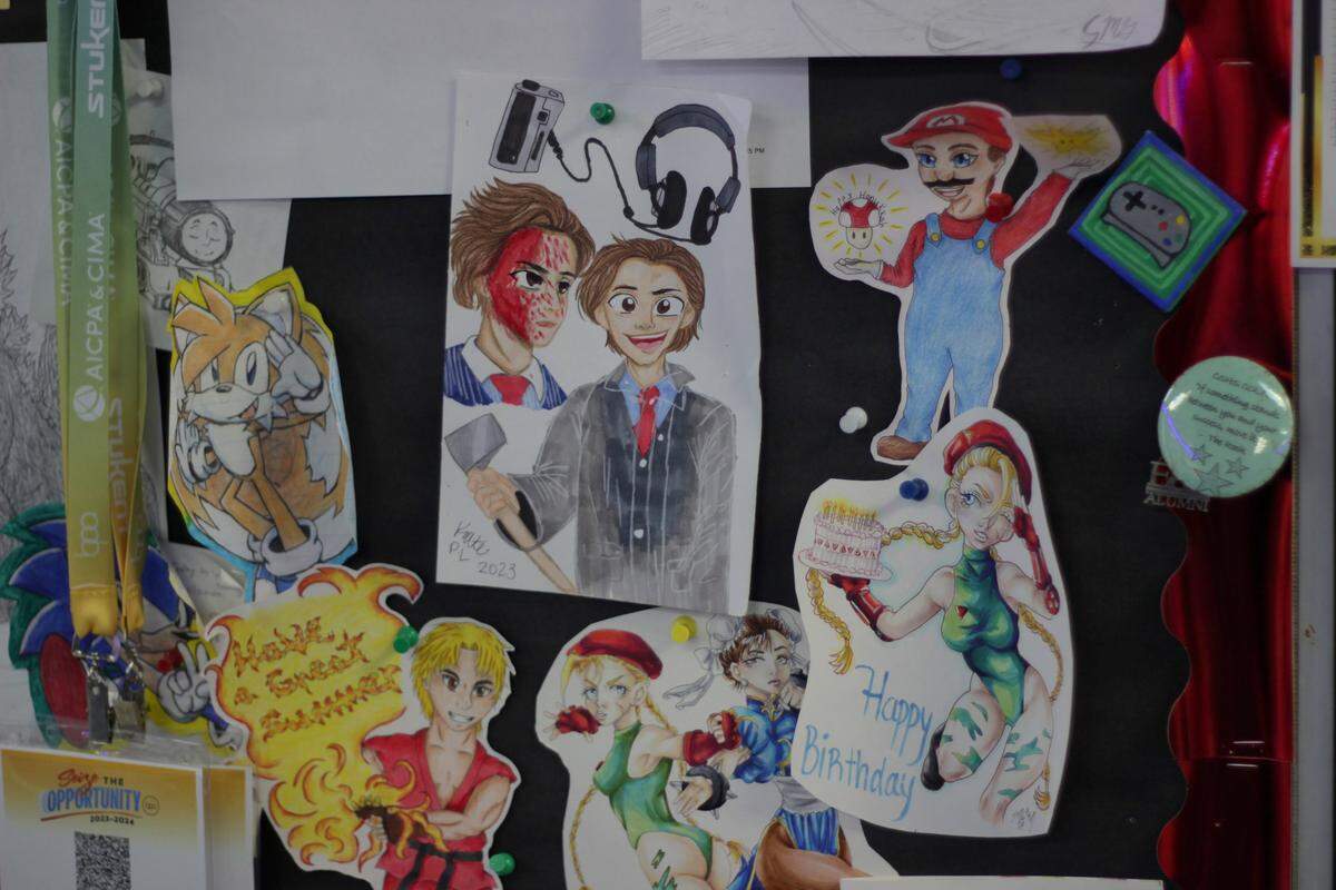 Jason Freedman said his students aren’t just technically skilled — they’re also creative and multi-talented, creating drawings such as the ones hung on his classroom bulletin board.