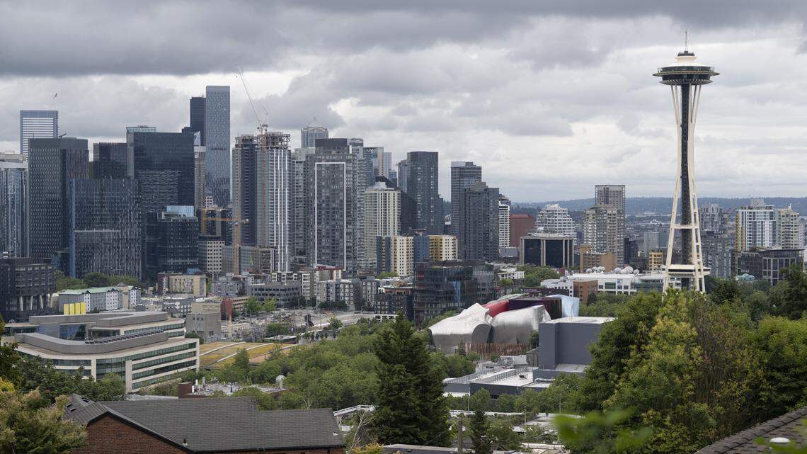 View of the Space Needle and skyline in Seattle, Washington.
