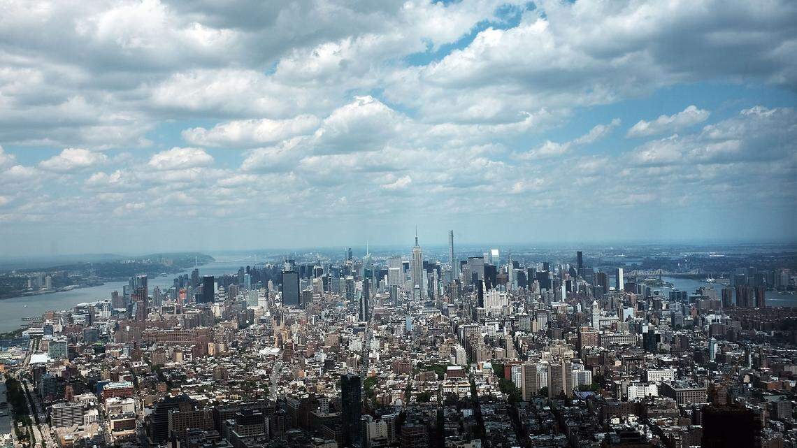 A view of Manhattan from inside the One World Observatory at One World Trade Center.