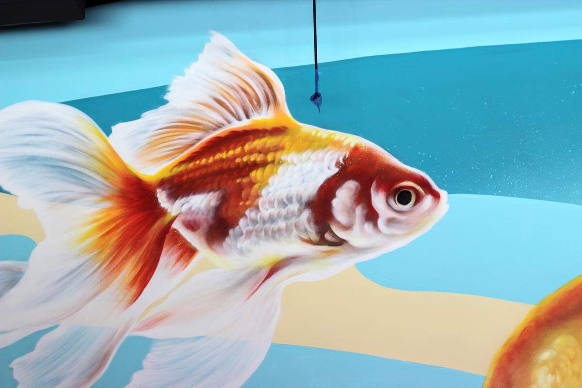 One goldfish on the walls of Gary Rack’s Farmhouse Kitchen in Coral Springs’ Cornerstone complex takes Ubiera an hour and a half to two hours to complete.